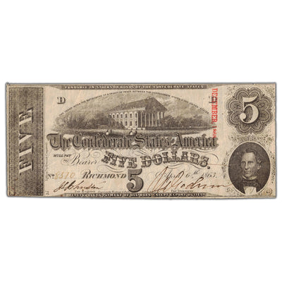 United States 1863 Confederate States of America $5 Five Dollars Note - Overprint