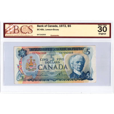 SOLD $5 1972 Bank of Canada Note Lawson-Bouey SX Prefix BC-48b - BCS VF-30