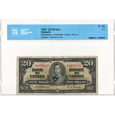 $20 1937 Bank of Canada Note Osborne Signature BC-25a -  CCCS F-15