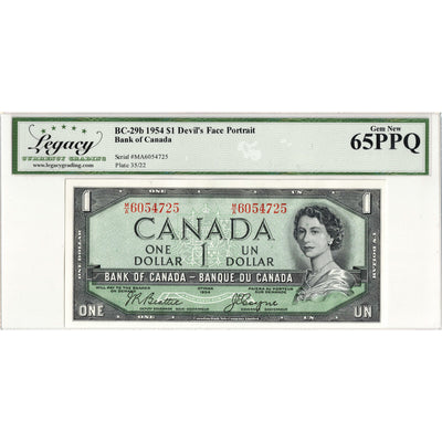 $1 1954 Bank of Canada Note Devil Face M/A Prefix BC-29b - Legacy Gem UNC-65 PPQ