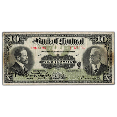 SOLD $10 1914 Bank of Montreal Canada Chartered Note CH #505-54-08 - Residue