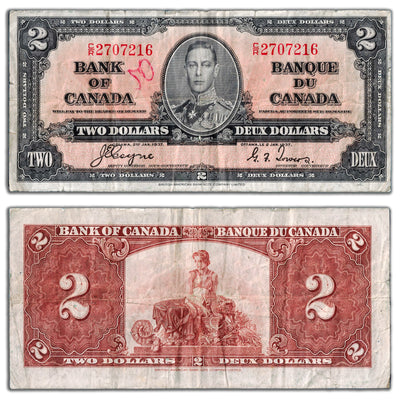 $2 1937 Bank of Canada Note Coyne-Towers C/R Prefix BC-22c - Writing