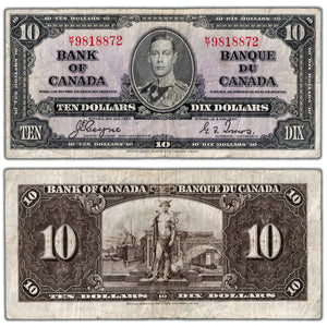 SOLD $10 1937 Bank of Canada Note Coyne-Towers K/T Prefix BC-24c - F/VF