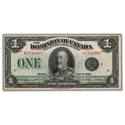 SOLD $1 1923 Dominion of Canada Note Black Seal Series D DC-25n - Abt. EF (light staining)