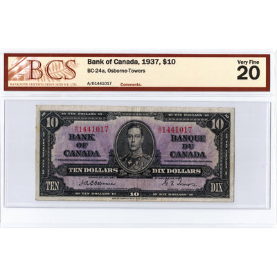 $10 1937 Bank of Canada Note Osborne Signature A/D Prefix BC-24a - BCS VF-20