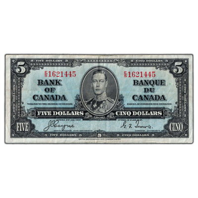 $5 1937 Bank of Canada Note Coyne-Towers E/S Prefix BC-23c - VF+
