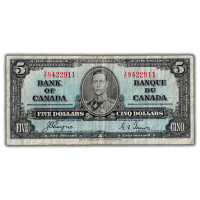 $5 1937 Bank of Canada Note Coyne-Towers Y/C Prefix BC-23c - Fine (tear)