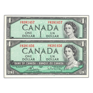SOLD $1 1954 Bank of Canada Notes H/F Changeover Prefix BC-37c - 2 Consecutive - Ch UNC