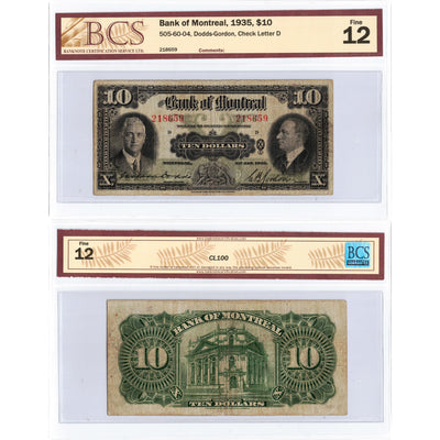 $10 1935 Bank of Montreal Canada Chartered Note #505-60-04 - BCS F-12