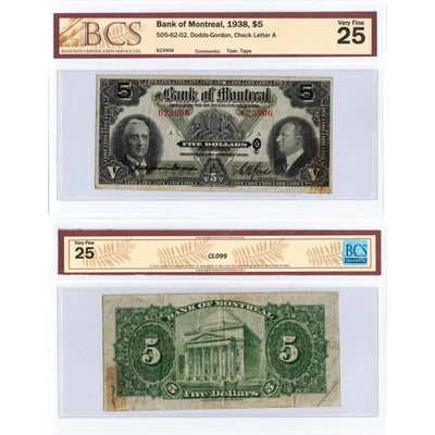 $5 1938 Bank of Montreal Canada Chartered Note #505-62-02 - BCS VF-25