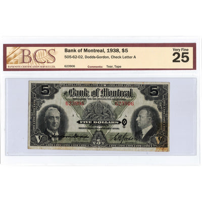 $5 1938 Bank of Montreal Canada Chartered Note #505-62-02 - BCS VF-25