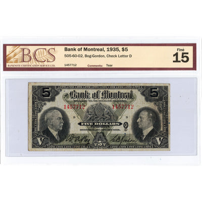 $5 1935 Bank of Montreal Canada Chartered Note #505-60-02 - BCS F-15