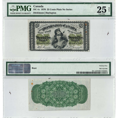 SOLD 25 Cents 1870 Dominion of Canada Shinplaster Note Plain DC-1c - PMG VF-25 Net