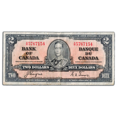 $2 1937 Bank of Canada Note Coyne-Towers A/R Prefix BC-22c - Minor Pinholes