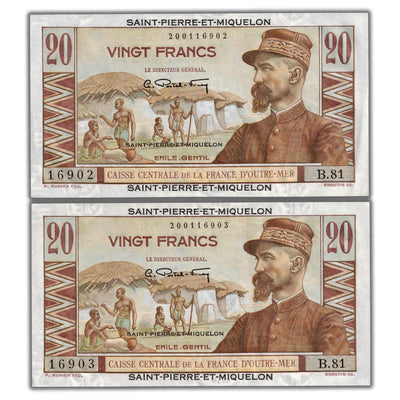 SOLD Saint Pierre & Miquelon ND (1950-1960) 20 Francs Note P #24 - 2 Consecutive EF/AU
