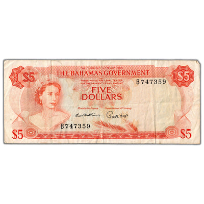 Bahamas 1965 $5 Five Dollars Note P #21 - F/VF