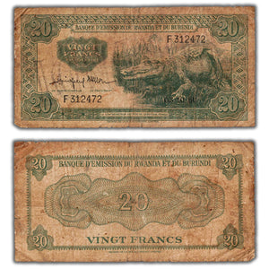 SOLD Rwanda-Burundi 1960 20 Twenty Francs Note P #3a - Pinholes