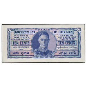SOLD Ceylon 1942 10 Cents Note P #43b - EF/AU