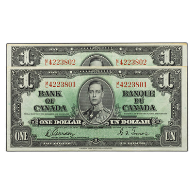 SOLD $1 1937 Bank of Canada Notes M/L Prefix BC-21c - 2 Consecutive - AU