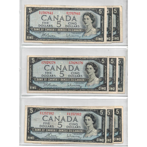 SOLD Lof of 9 $5 1954 Bank of Canada Notes - All Circulated Grades