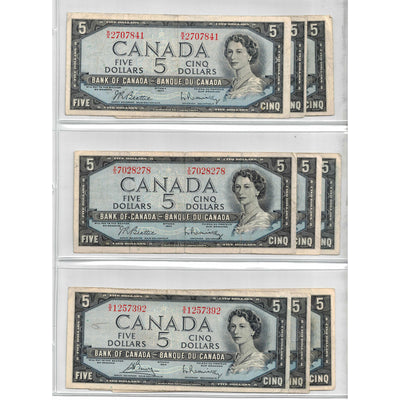 SOLD Lof of 9 $5 1954 Bank of Canada Notes - All Circulated Grades