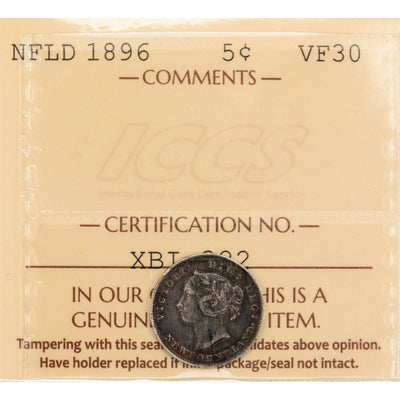 Newfoundland 1896 5 Cents Silver Coin - ICCS VF-30