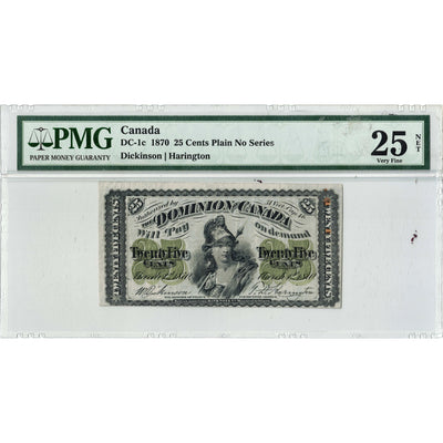SOLD 25 Cents 1870 Dominion of Canada Shinplaster Note Plain DC-1c - PMG VF-25 Net