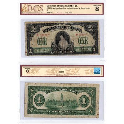SOLD $1 1917 Dominion of Canada Note No Seal Series W DC-23b - BCS VG-8
