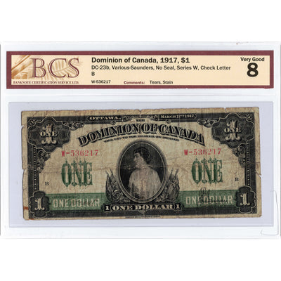SOLD $1 1917 Dominion of Canada Note No Seal Series W DC-23b - BCS VG-8