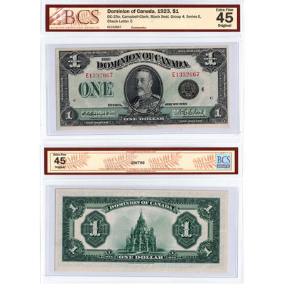 SOLD $1 1923 Dominion of Canada Note Black Seal Series E DC-25o - BCS EF-45