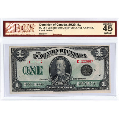 SOLD $1 1923 Dominion of Canada Note Black Seal Series E DC-25o - BCS EF-45