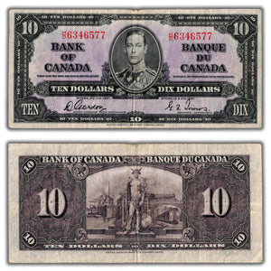 SOLD $10 1937 Bank of Canada Note Gordon-Towers H/D Prefix BC-24b - F/VF