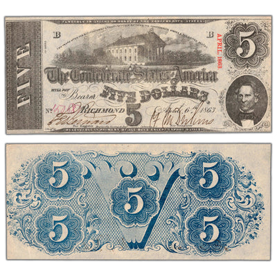 SOLD United States 1863 Confederate States of America $5 Five Dollars Note T-60 - AU