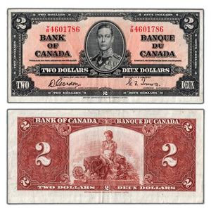 SOLD $2 1937 Bank of Canada Note Gordon-Towers Y/B Prefix BC-22b - VF/EF
