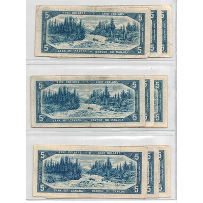 SOLD Lof of 9 $5 1954 Bank of Canada Notes - All Circulated Grades