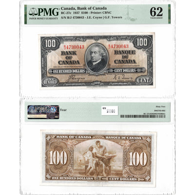 $100 1937 Bank of Canada Note Coyne-Towers B/J Prefix BC-27c - PMG UNC-62 Tear