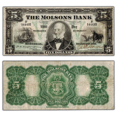 SOLD $5 1912 The Molsons Bank Canada Chartered Note #490-32-02 - F/VF