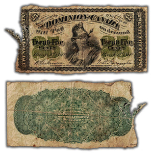 SOLD 25 Cents 1870 Dominion of Canada Shinplaster Note Plain DC-1c - Damaged