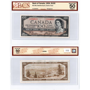SOLD $100 1954 Bank of Canada Note Beattie-Coyne Devil Face BC-35b - BCS AU-50
