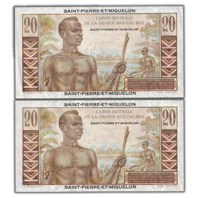 SOLD Saint Pierre & Miquelon ND (1950-1960) 20 Francs Note P #24 - 2 Consecutive EF/AU