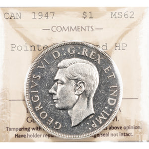 SOLD Canada 1947 Pointed 7 4xHP $1 Silver Dollar Coin - ICCS MS-62