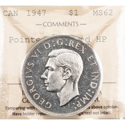 SOLD Canada 1947 Pointed 7 4xHP $1 Silver Dollar Coin - ICCS MS-62