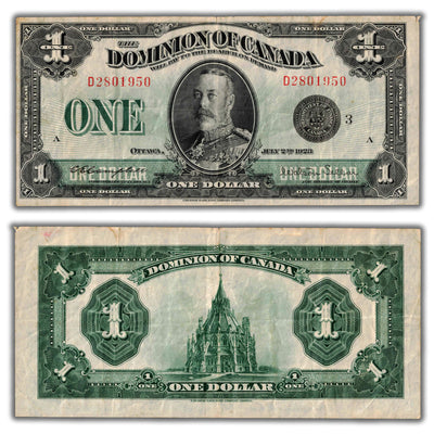 SOLD $1 1923 Dominion of Canada NoteBlack Seal DC-25n - VF (corner tip damage)