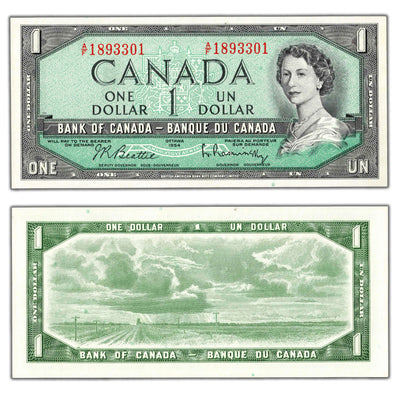 SOLD $1 1954 Bank of Canada Note Beattie-Rasminsky A/F Prefix BC-37b-i - UNC