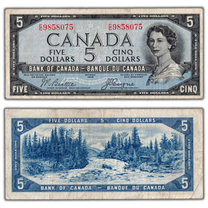 SOLD $5 1954 Bank of Canada Devil Face Note C/C Prefix BC-31b - F/VF