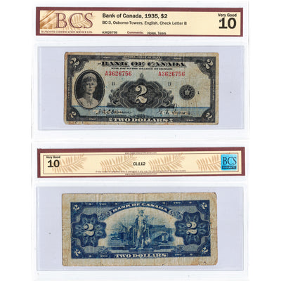 SOLD $2 1935 Bank of Canada Note English Text BC-3 - BCS VG-10