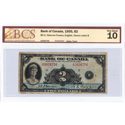 SOLD $2 1935 Bank of Canada Note English Text BC-3 - BCS VG-10