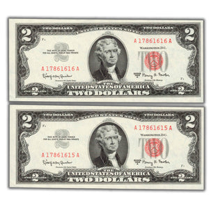 SOLD United States 1963A $2 Note Red Seal FR #1514 - 2 Consecutive - Ch UNC