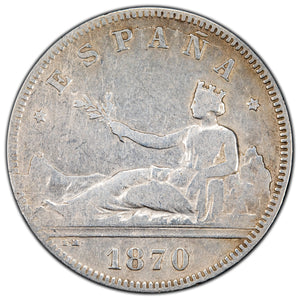 SOLD Spain 1870-DE M 2 Pesetas Silver Coin