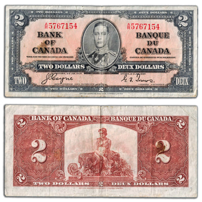 $2 1937 Bank of Canada Note Coyne-Towers A/R Prefix BC-22c - Minor Pinholes